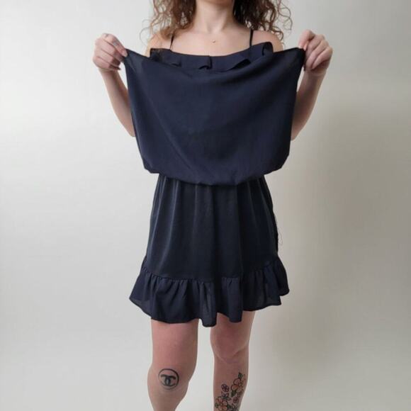 Navy Blue Ruffled Romper Mini Dress L - Picture 5 of 11